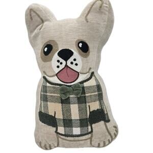 Frenchie French Bulldog Shaped Accent Pillow Plaid Sweater Embroidered 16 X 9"